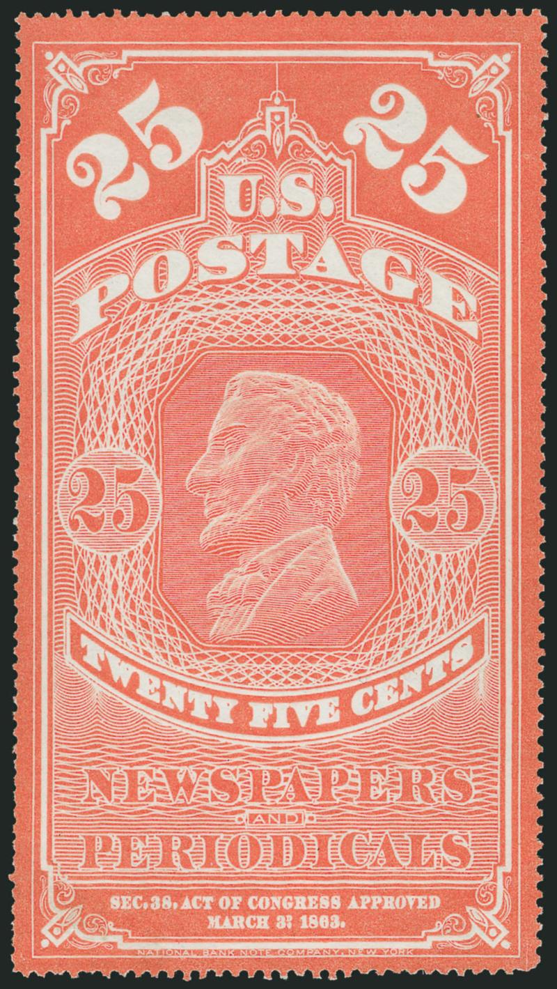 25c Orange Red, Colored Border (PR3).> Without gum as issued, brilliant color, Very Fine and choice, this large-format stamp is scarce in sound condition, ex Hoffman, with 2002 P.F. certificate