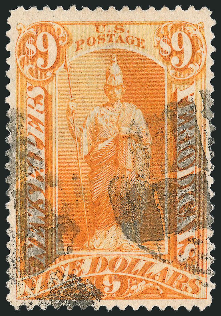 $9.00 Orange, 1879 Issue (PR74).> Nicely centered, vivid color, large segmented cork cancel, Very Fine, exceptionally difficult to find in used condition, with 2010 P.S.E. certificate