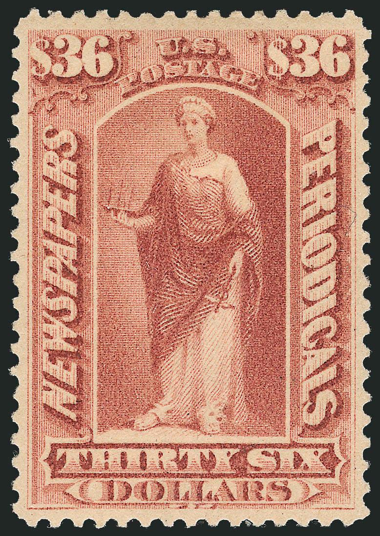 $36.00 Indian Red, 1879 Issue (PR77).> Original gum, lightly hinged, perfectly centered, amazingly fresh with lovely color, Extremely Fine Gem, an exceptionally choice $36.00 1879 Issue Newspaper stamp, small
backstamps, with 1984 and 2008 P.F. certi