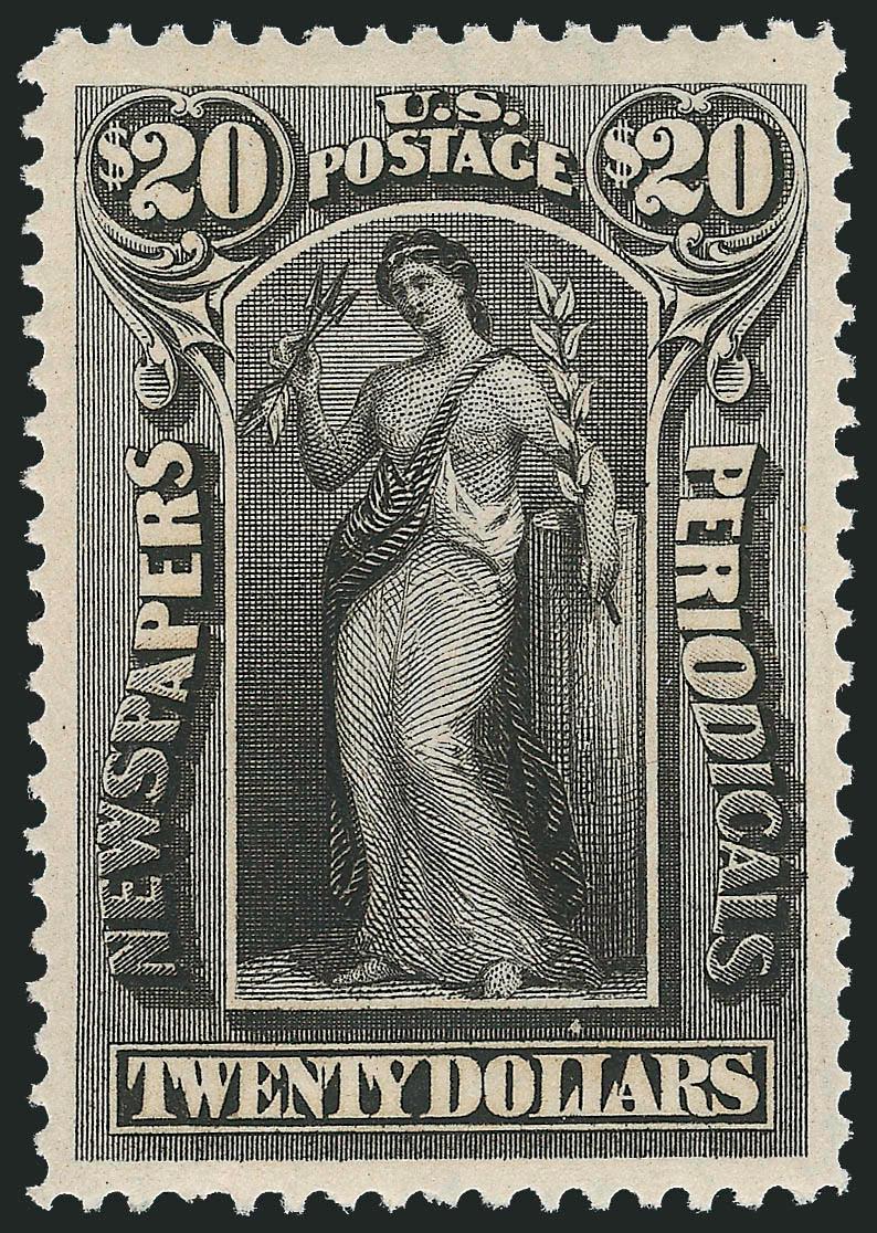 $20.00 Slate, 1895 Watermarked Issue (PR123).> Mint N.H., deep rich color and proof-like impression, wide and balanced margins, Extremely Fine, with 2003 P.S.E. certificate (XF 90 SMQ $215.00) and 2008 P.F.
certificate