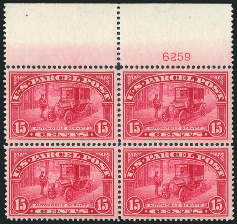 15c Parcel Post (Q7).> Mint N.H. block of four with top plate no. 6259 selvage, bright color, Very Fine