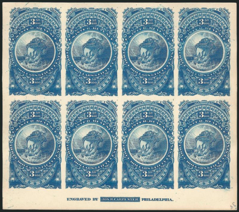 $3.50 R.I. Arms Vignette Essay (Turner 76-A).> Complete sheet of eight in Blue with <imprint at bottom,> each with magenta ms. on back numbered from 153 at top right thru 160 at bottom left, fresh and Very
Fine, the numbering on back was report