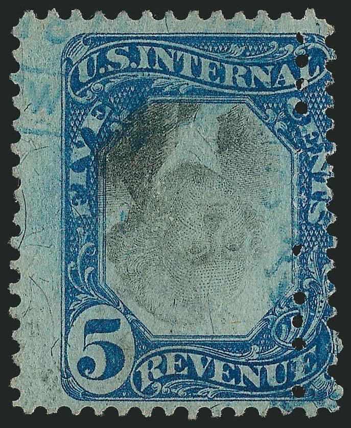 5c Blue & Black, Second Issue, Inverted Center (R107a). Double perfs at right,> fresh colors, corner strike of blue oval cancel, tiny thin spot at left, a striking example of this scarce invert, with 1977 P.F.
certificate as unused, no gum, Scott R