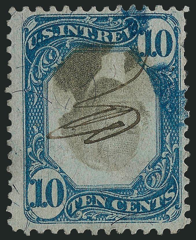 10c Blue & Black, Second Issue, Inverted Center (R109a).> Bright frame color, neat ms. cancel and trace of blue cancel, small thin spot in margin at upper right, appears Fine