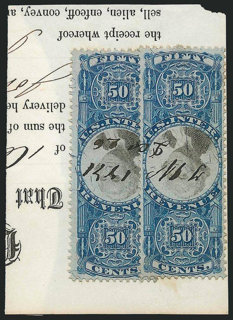 50c Blue & Black, Second Issue, Inverted Center (R115b).> Two singles affixed slightly overlapping on piece of document, bright color, well-centered, neat <<1871 Dec 26>> ms. cancel, Very Fine and
choice