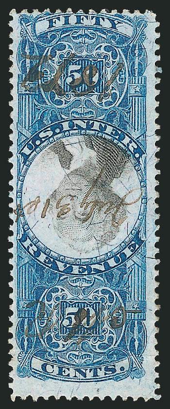 50c Blue & Black, Second Issue, Inverted Center (R115b).> Rich color on bright paper, neat <<MR July 31st 1872>> ms. cancel, horizontal crease at bottom, otherwise Very Fine, normal stamp accompanies for
comparison