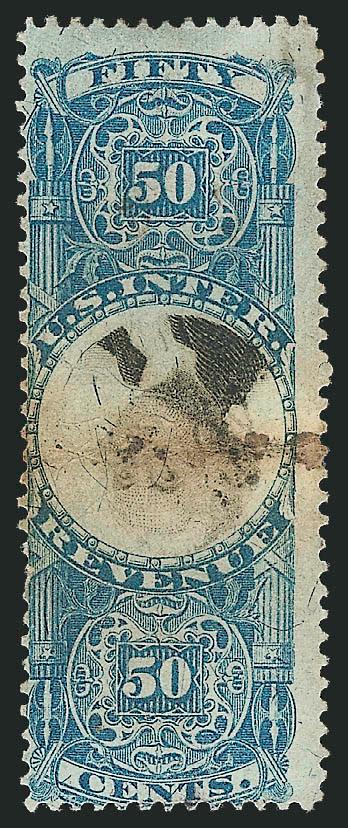 50c Blue & Black, Second Issue, Inverted Center (R115b).> Rich frame color, horizontal ms. cancel bleeds a bit above and below, shallow thin at top, appears Fine
