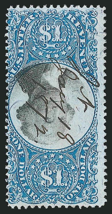 $1.00 Blue & Black, Second Issue, Inverted Center (R118a).> Bright color, neat 1872 ms. cancel, wide margins to just in at left, light horizontal crease at bottom<><>^FINE APPEARING AND RARE EXAMPLE OF THE
$1.00 SECOND ISSUE INVERT.^<><>With 1978