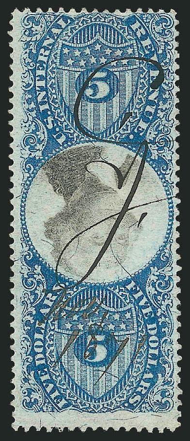 $5.00 Blue & Black, Second Issue, Inverted Center (R127a).> Deep rich color and attractively centered, looping ms. initials and <<Nov. 1871>> cancel<><>^FINE AND HANDSOME. A VERY DIFFICULT SECOND ISSUE INVERT
TO FIND BOTH SOUND AND WITH REASONABL