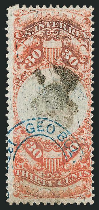 30c Orange & Black, Third Issue, Inverted Center (R140a).> Blue handstamp and herringbone cancels, two small filled-in punches, Fine appearance