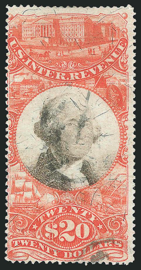 $20.00 Vermilion & Black, Third Issue, Error of Color (R150a).> Light handstamp and herringbone cut cancels, couple minor wrinkles near edges, Fine appearance