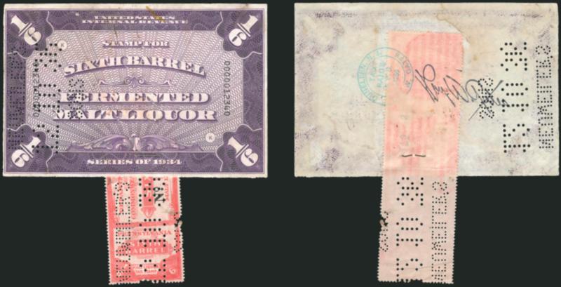 1934, -16bbl. Purple, Beer (REA182).> Large margins, rich color, Neuweilers Sons 12-10-36 perforated cancel, also with <Pennsylvania State Revenue> stamp attached by staple, same perforated cancel, tied
together by Dunellen N.J. Roy W. Gates ha