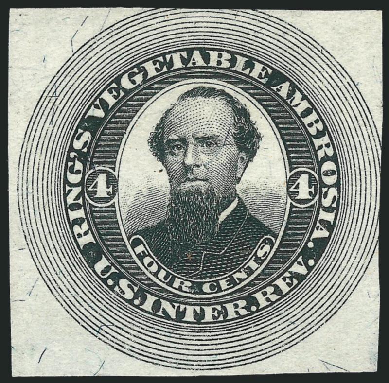 Rings Vegetable Ambrosia, 4c Black on Silk Paper, Imperforate (RS200b).> Unused (no gum), margins to slightly in, trivial corner margin thin spot, Fine for this Private Die Proprietary rarity