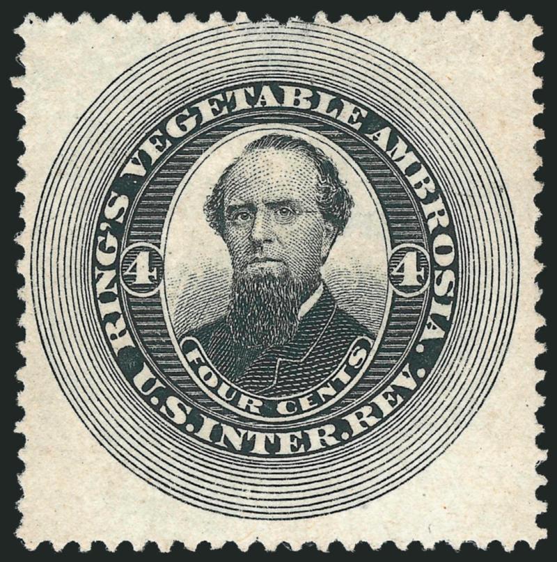 Rings Vegetable Ambrosia, 4c Black on Watermarked Paper, Perforated (RS203b).> Unused (no gum), clear impression, small thin spot at top, Fine appearance, very rare with less than twelve examples
recorded