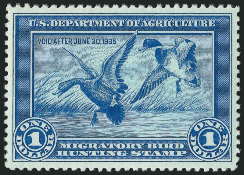 $1.00 1934 Hunting Permit (RW1).> Mint N.H., bright shade and wide margins, Extremely Fine, with 2003 P.S.E. certificate (XF 90 SMQ $1,200.00)