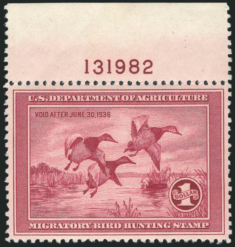 $1.00 1935 Hunting Permit (RW2).> Mint N.H. with <plate no. 131982 selvage> at top, rich color, Extremely Fine, with 2011 P.S.E. certificate (XF 90 SMQ $1,000.00)