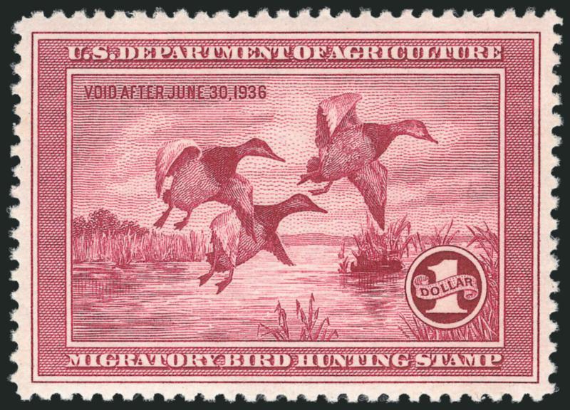 $1.00 1935 Hunting Permit (RW2).> Mint N.H., wide margins and choice centering, vivid color and crisp, Extremely Fine, with 2010 P.S.E. certificate (XF 90 SMQ $1,050.00)