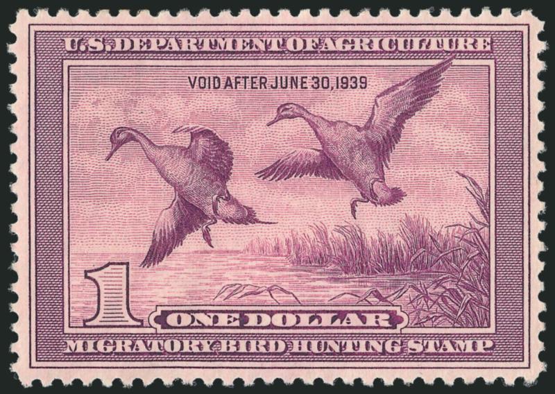 $1.00 1938 Hunting Permit (RW5).> Mint N.H., beautifully centered, rich color, Very Fine and choice, with 2003 and 2007 P.F. certificates (VF-XF 85)