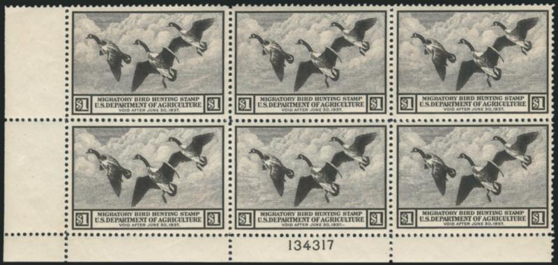 $1.00 1936 Hunting Permit (RW3).> Mint N.H. bottom left corner plate no. 134317 block of six, wonderfully well-centered, intense color, some light gum toning spots, Extremely Fine appearance