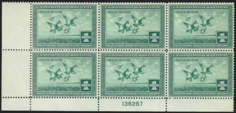 $1.00 1937 Hunting Permit (RW4).> Bottom left plate no. 136267 block of six, bright color, couple gum creases, otherwise Fine-Very Fine, Scott Retail as Mint N.H.