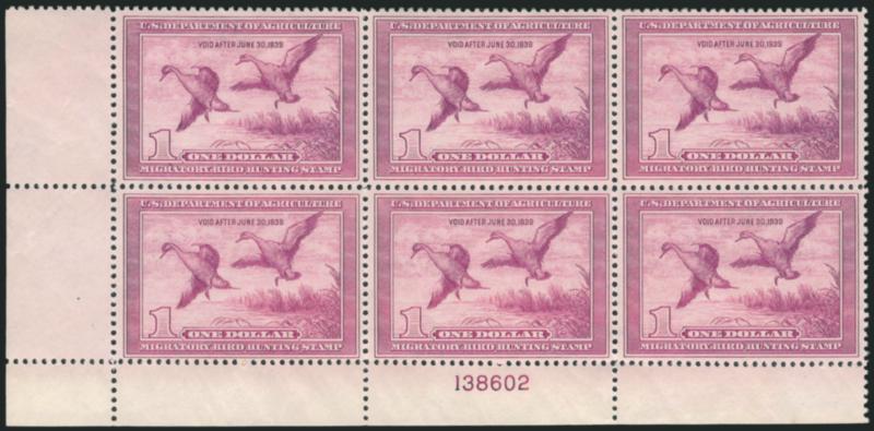 $1.00 1938 Hunting Permit (RW5).> Bottom left corner plate no. 138602 block of six, hinged in selvage and on one stamp, bright color, pos. 6 natural gum skip, Fine-Very Fine, Scott Retail as Mint
N.H.
