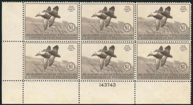 $1.00 1940 Hunting Permit (RW7).> Bottom left corner plate no. 143743 block of six, fresh, wonderfully well-centered, couple small spots of light hinging (may be gum skips), otherwise Mint N.H., clear
impression on bright paper, Extremely Fine, Scott