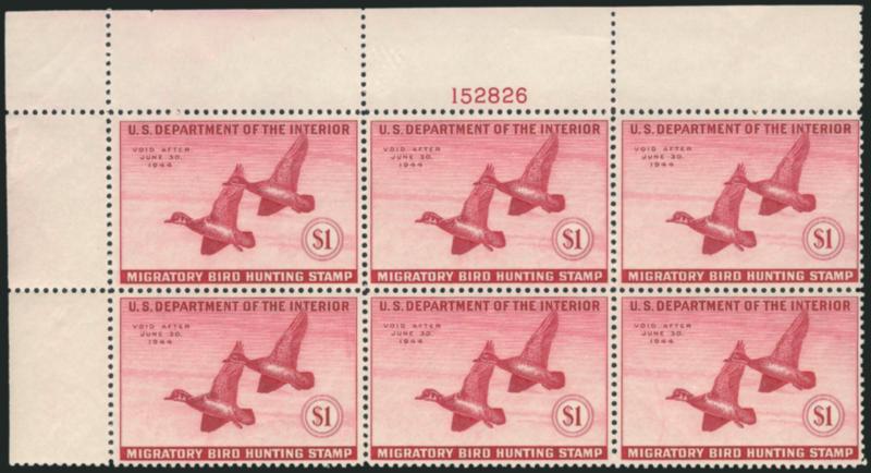 $1.00 1943 Hunting Permit (RW10).> Mint N.H. top left corner plate no. 152826 block of six, natural short gumming at top, small selvage crease at extreme left, Fine-Very Fine