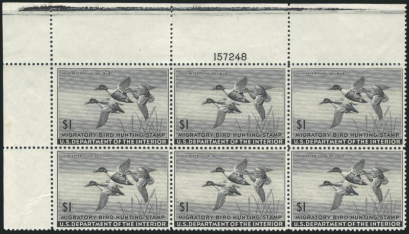 $1.00 1945 Hunting Permit (RW12).> Top left corner plate no. 157248 block of six, pos. 5 lightly hinged, others Mint N.H., exceptionally well-centered, trivial vertical gum skip line, Extremely Fine