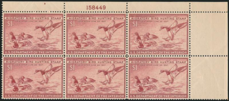 $1.00 1945 Hunting Permit (RW12).> Mint N.H. top left and top right corner plate no. blocks of six, former gum creases, otherwise Very Fine
