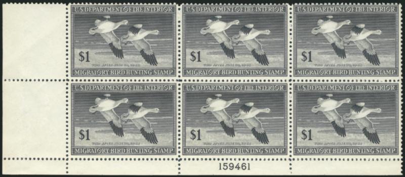 $1.00 1946-48 Hunting Permits (RW13-RW15).> Corner plate no. blocks of six, first two Mint N.H., last lightly hinged, Fine-Very Fine