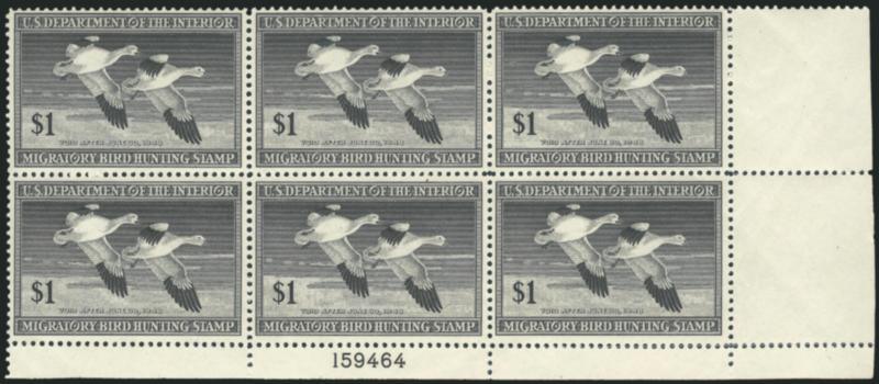 $1.00 1947 Hunting Permit (RW14).> Three bottom left or right corner plate no. blocks of six, all different plate nos., Mint N.H., Fine-Very Fine