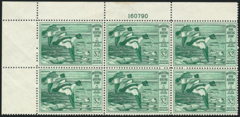 $2.00 1949 Hunting Permit (RW16).> Mint N.H. top left corner plate no. 160790 block of six, beautiful color and centering, minor natural gum skips, Extremely Fine