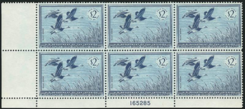 $2.00 1955 Hunting Permit (RW22).> Mint N.H. bottom left corner plate no. 165285 block of six, bright color, Very Fine-Extremely Fine