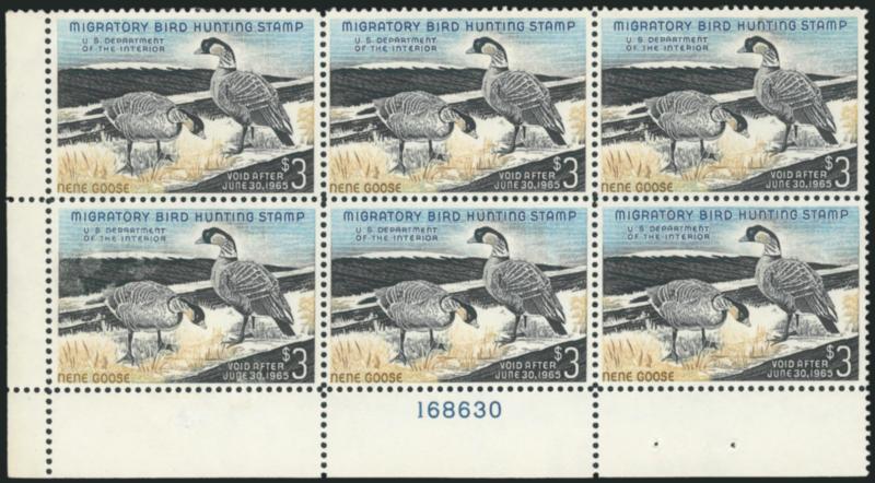 $3.00 1964 Hunting Permit (RW31).> Mint N.H. bottom left corner plate no. 168630 block of six, fresh and bright, three separated perfs at top between pos. 1 and 2, Very Fine
