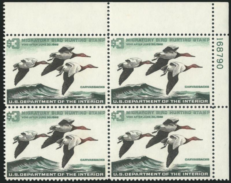 $3.00 1965-66 Hunting Permits (RW32-RW33).> Mint N.H. plate no. blocks of four, fresh and Very Fine