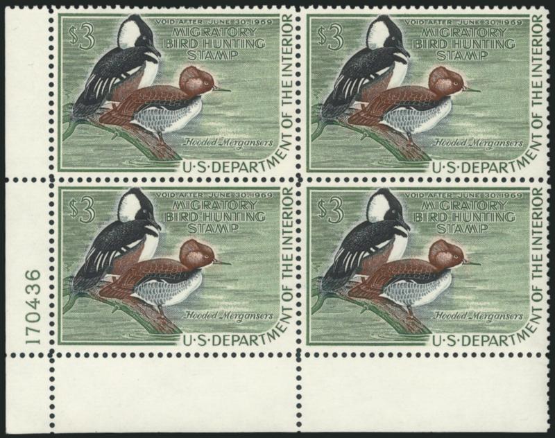 $3.00 1968-70 Hunting Permits (RW35-RW37).> Mint N.H. plate no. blocks of four, Very Fine
