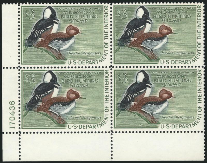 $3.00 1968-70 Hunting Permits (RW35-RW37).> Mint N.H. plate no. blocks of four, Very Fine