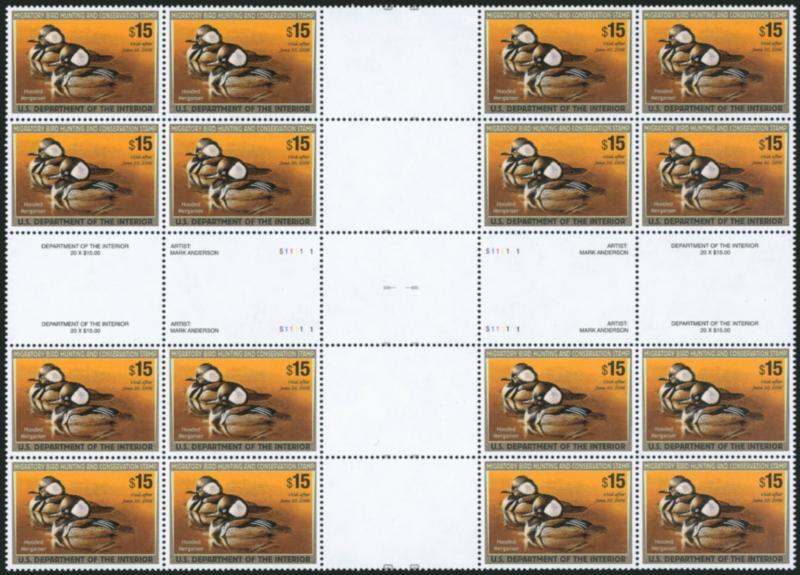 $15.00 2005 Hunting Permit, Ty. I & II, Cross Gutter Block of 16 (RW72, RW72c var).> Mint N.H., from one of the 100 press sheets sold, right eight stamps with frame line (Ty. II), Very Fine