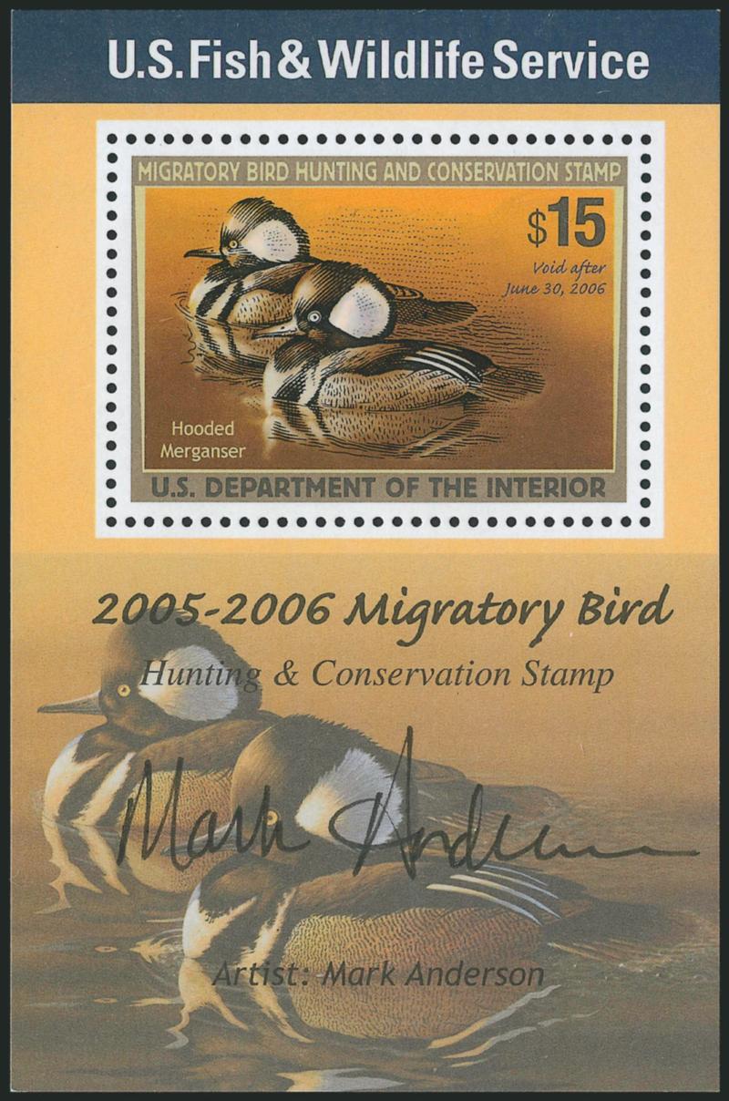 $15.00 2005 Hunting Permit, Souvenir Sheet, Artist Signed in Black (RW72b).> Mint N.H., Very Fine and choice