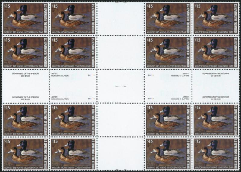 $15.00 2007 Hunting Permit, Press Sheet of 80 (RW74 var).> Broken into nine components blocks incl. cross gutter block of 16, Mint N.H., Very Fine