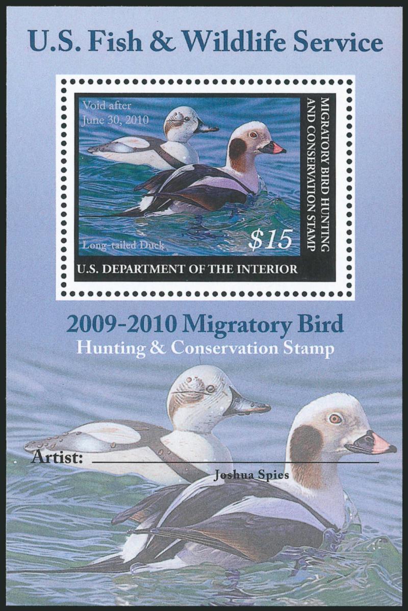 $15.00 2007-09 Hunting Permits, Souvenir Sheets (RW74b, RW75b, RW76c).> Mint N.H., two each first two, all artist signed, one of last, <without artists signature,> Fine-Very Fine, last with 2009 P.S.E.
certificate (VF-XF 85)