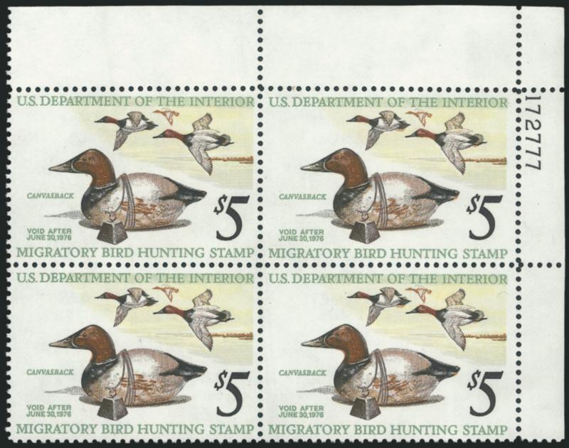 $3.00 1968-74 Hunting Permits (RW35, RW37-RW42).> Mint N.H. plate no. block of four, Very Fine lot