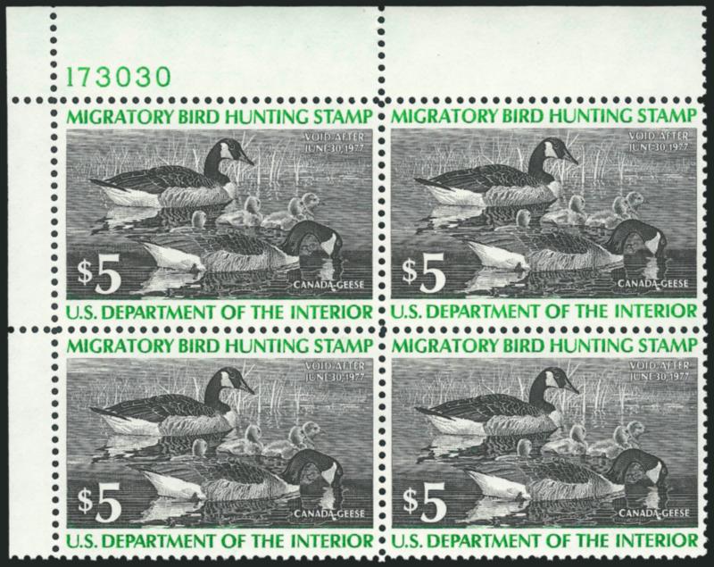 Hunting Permits Plate Block Accumulation, 1975-94.> 42 Mint N.H. plate no. blocks of four between nos. RW42 to RW61, 14 different, Fine-Very Fine