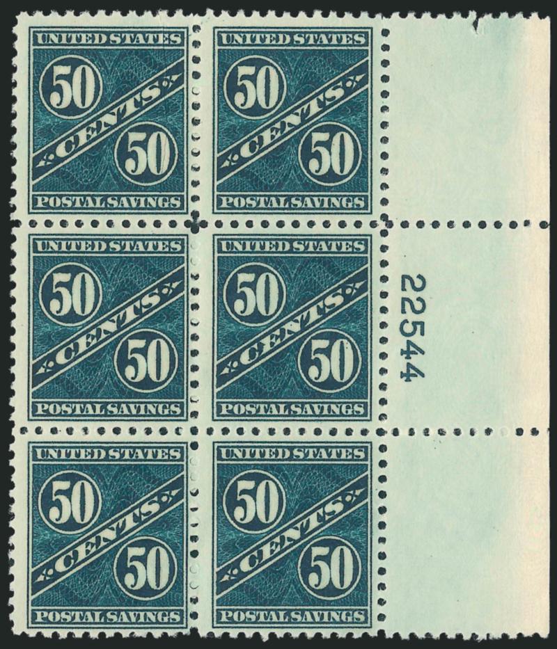 25c Dark Blue Green, 50c Dark Carmine Rose, Postal Savings (PS8-PS9).> Mint N.H. plate no. blocks of six, few slight natural gum skips and bends, Fine-Very Fine