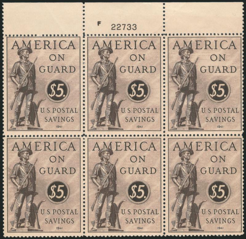 $5.00 Sepia, Postal Savings (PS15).> Mint N.H. top plate no. F22733 block of six, fresh and Fine-Very Fine
