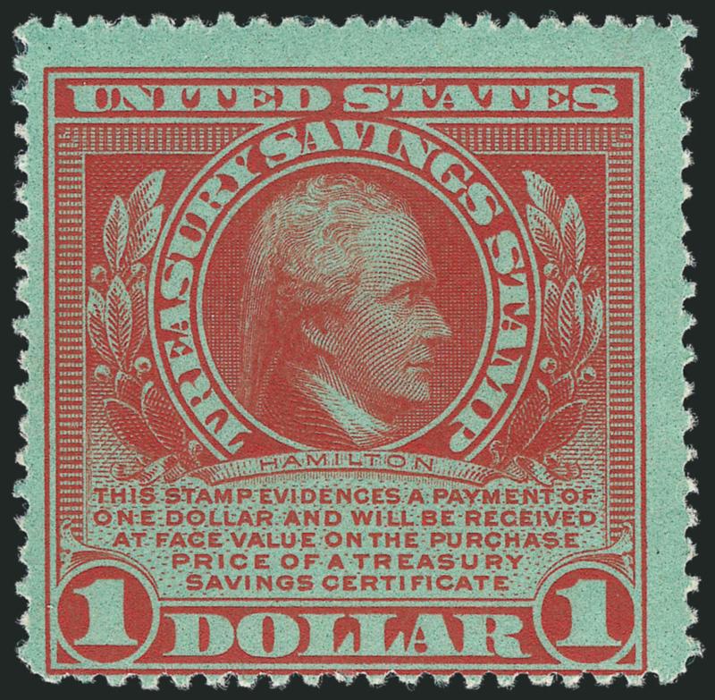 $1.00 Red on Green, Treasury Savings (TS1).> Single hinge mark, typical centering for this difficult issue, fresh and Fine example of this scarce stamp