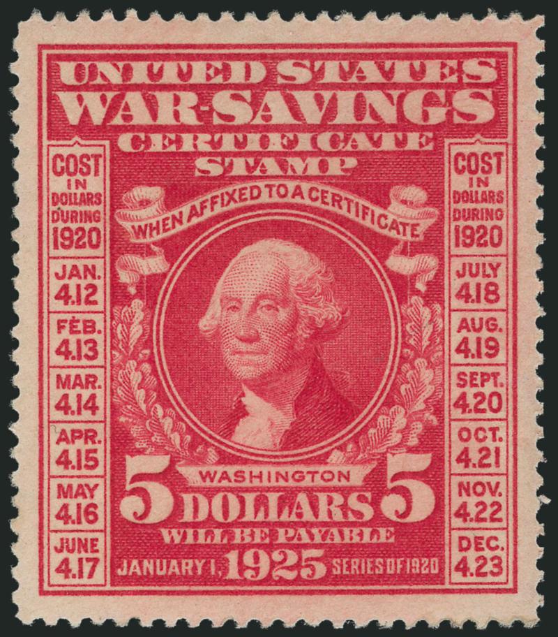 $5.00 1917-19 War Savings (WS3-WS5).> Unused, No. WS3 peeled from Savings booklet with paper adherences and slight thinning, No. WS4 regummed and No. WS5 disturbed original gum and hinge thin, Very
Fine-Extremely Fine appearance, No. WS3 with 2002 A.