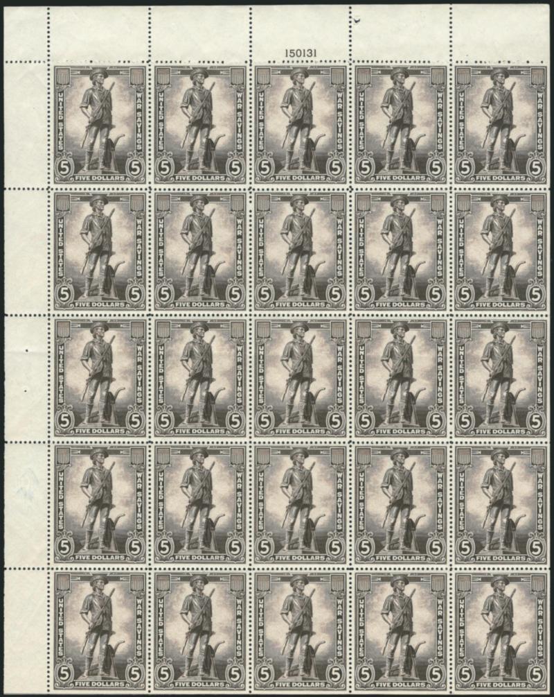 $5.00 1945 War Savings (WS11).> Mint N.H. complete pane of 25, some natural gum skips, third row lightly creased, otherwise Very Fine