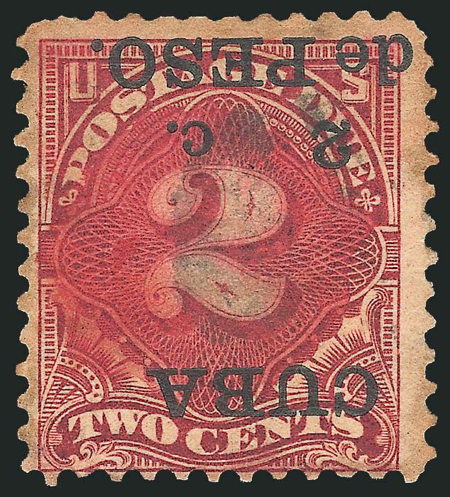CUBA, 1899, 2c on 2c Deep Claret, Postage Due, Inverted Surcharge (J2a).> Rich color, unobtrusive cancel leaves the error clearly visible, some staining and small thin spot<><>^FINE APPEARING EXAMPLE OF THE
CUBA 2-CENT ON 2-CENT POSTAGE DUE WITH IN