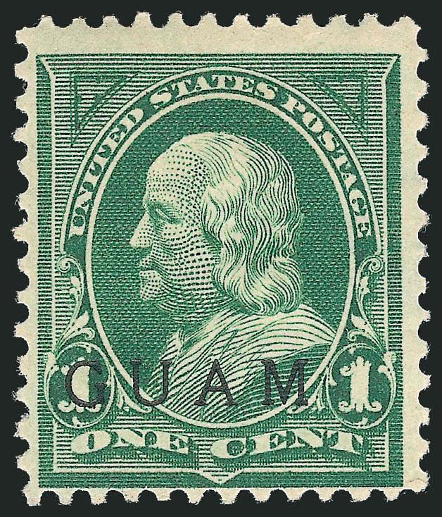 GUAM, 1900, 1c Green, Special Printing (1SP).> Original gum, with red Special Surcharge backstamp, small thin spot, Fine appearance, ex Whitpain, with 1978 and 2009 P.F. certificates
